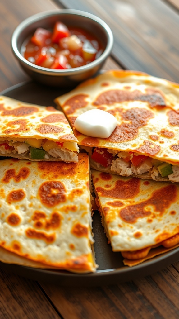 Oven-baked quesadilla sliced into wedges, filled with cheese and vegetables, served with sour cream and salsa.